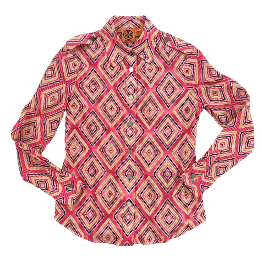 Tory Burch Pink Geometric 100% cotton Button Down Shirt Size 2